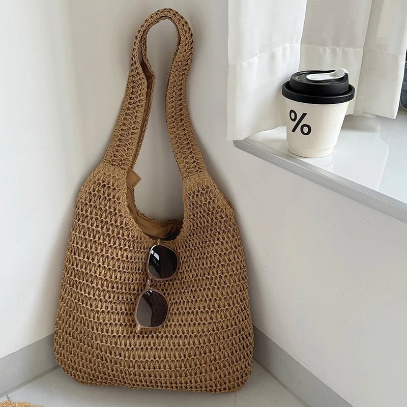 Miranda Handwoven Rattan Straw Shoulder Tote Bag – Brown – view 1