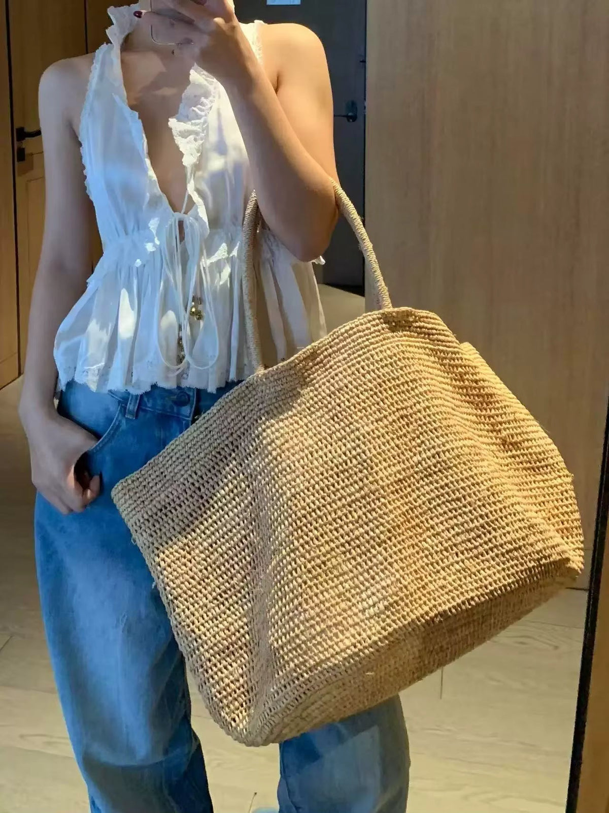 Sophia Handwoven Rattan Straw Open Top Tote Bag – view 10