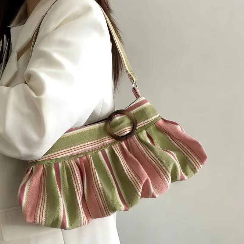 Sophia Vertical Stripe Underarm Shoulder Bag – Pink and Sage Green – view 3