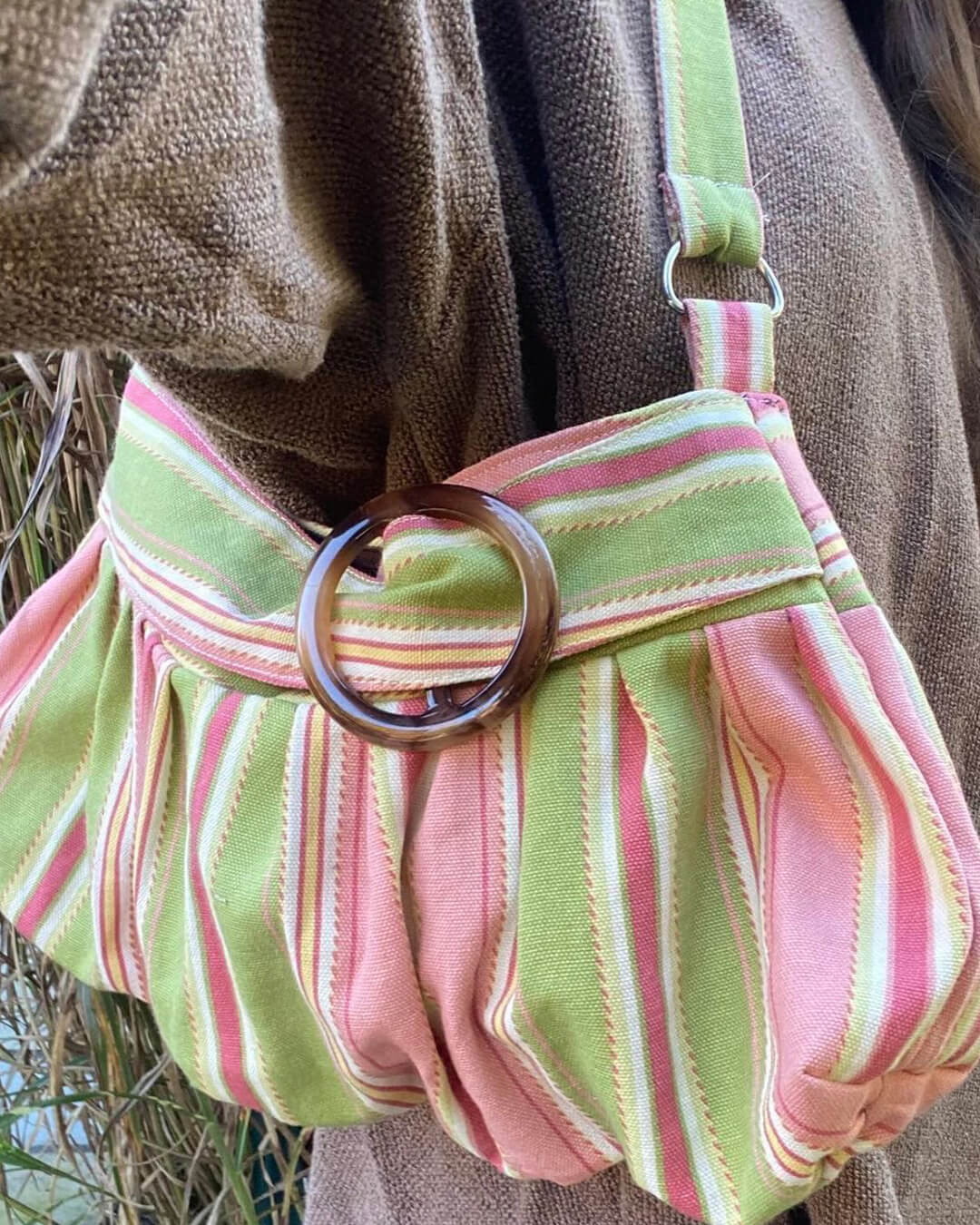 Sophia Vertical Stripe Underarm Shoulder Bag – Pink and Sage Green – view 4