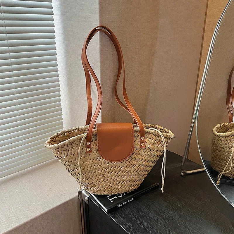 Aisea Woven Rattan-Style Straw Shoulder Bag with Magnetic Snap – Beige