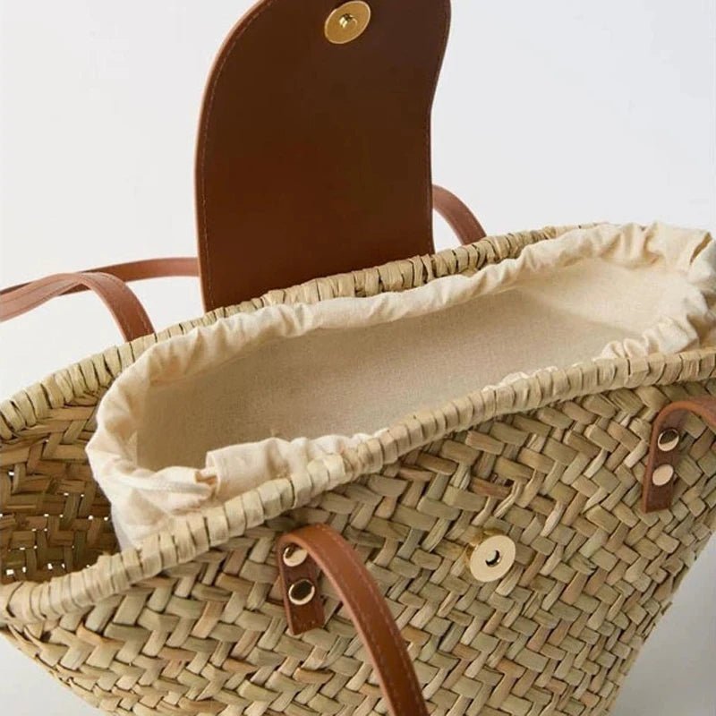 Aisea Woven Rattan-Style Straw Shoulder Bag with Magnetic Snap – Beige