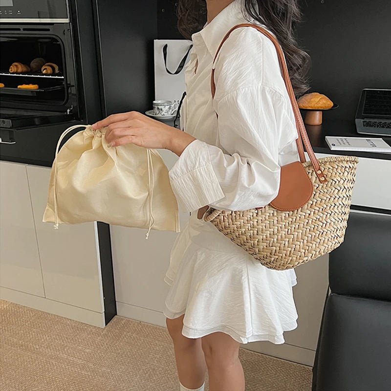 Aisea Woven Rattan-Style Straw Shoulder Bag with Magnetic Snap – Beige – view 8