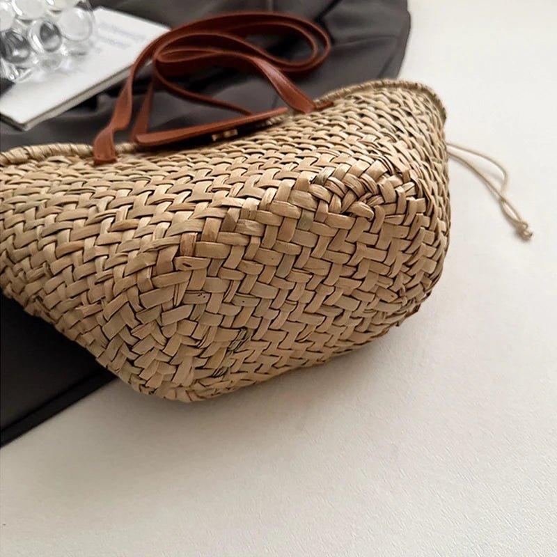 Aisea Woven Rattan-Style Straw Shoulder Bag with Magnetic Snap – Beige