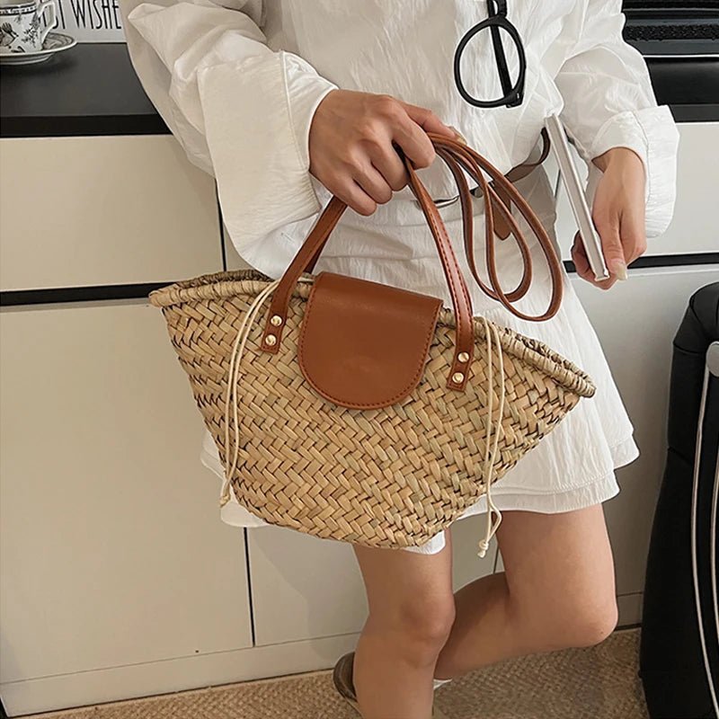 Aisea Woven Rattan-Style Straw Shoulder Bag with Magnetic Snap – Beige