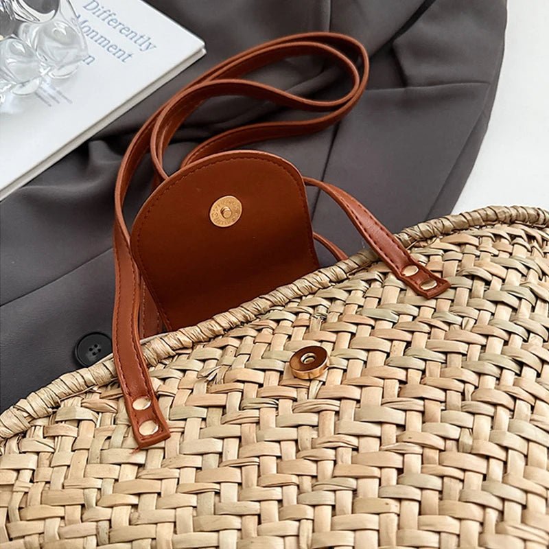 Aisea Woven Rattan-Style Straw Shoulder Bag with Magnetic Snap – Beige