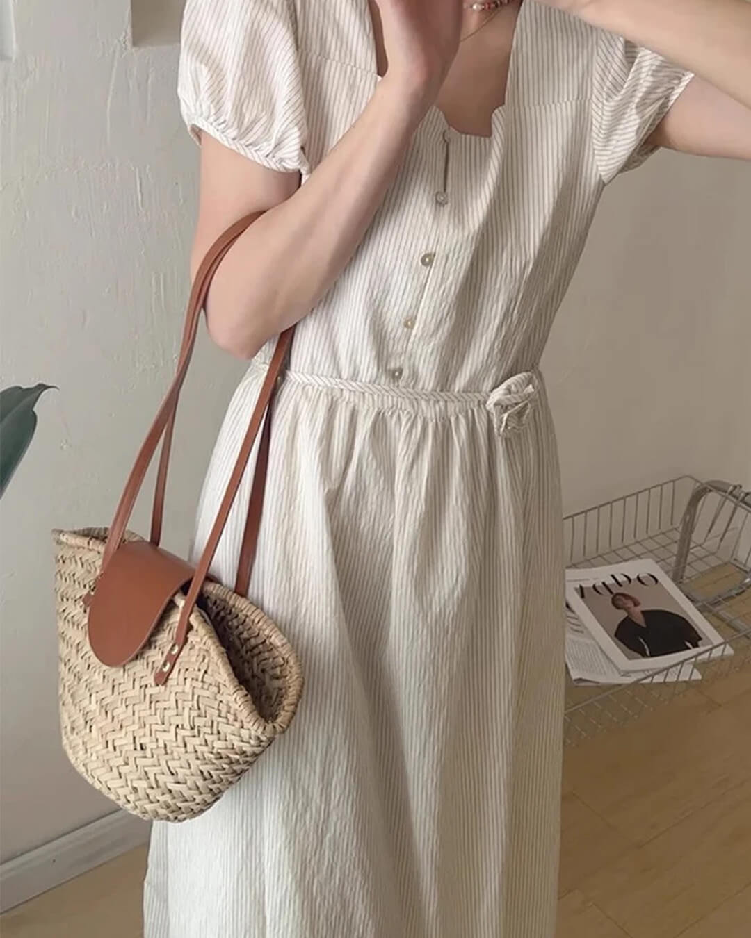 Aisea Woven Rattan-Style Straw Shoulder Bag with Magnetic Snap – Beige – view 7