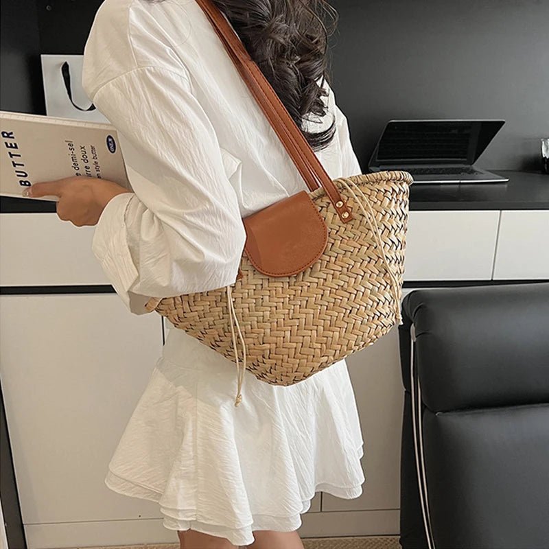 Aisea Woven Rattan-Style Straw Shoulder Bag with Magnetic Snap – Beige – view 3
