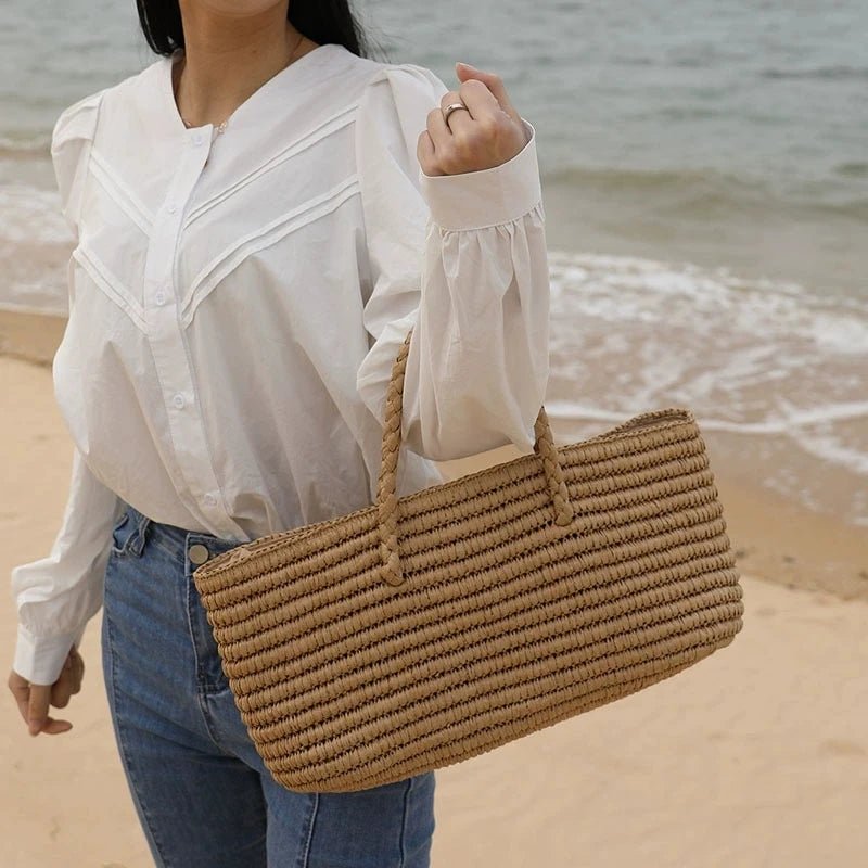 Olivia Hand-Woven Straw Drawstring Tote Bag – Brown – view 2
