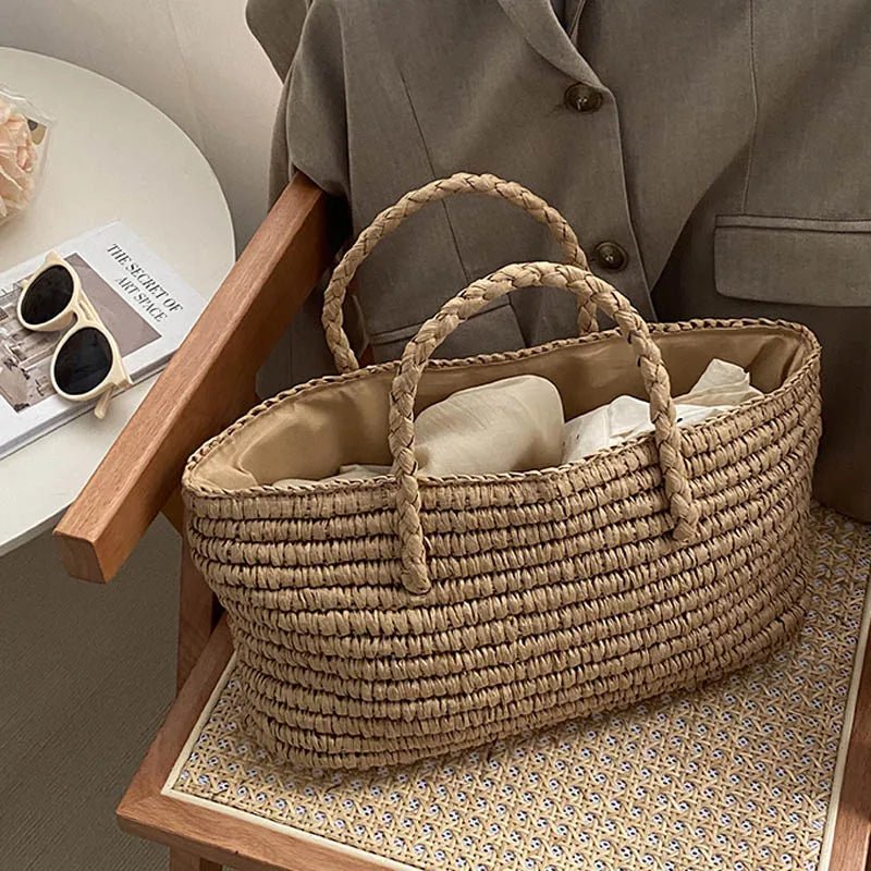 Olivia Hand-Woven Straw Drawstring Tote Bag – Brown – view 3