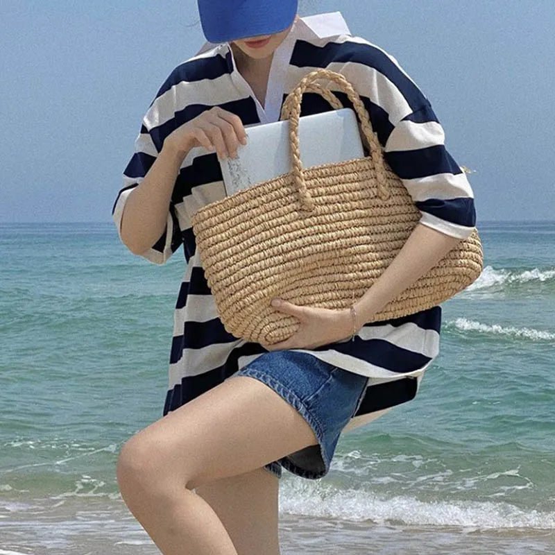 Olivia Hand-Woven Straw Drawstring Tote Bag – Brown – view 6