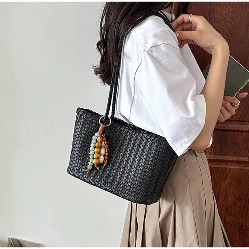 Emma Woven Tote Bag with Bead Pendant and Magnetic Closure