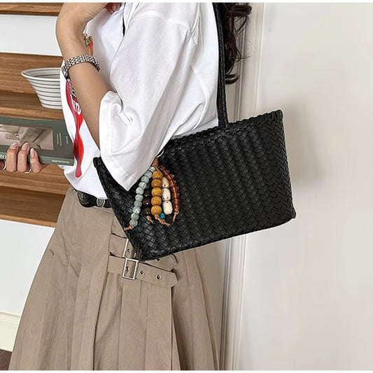 Emma Woven Tote Bag with Bead Pendant and Magnetic Closure