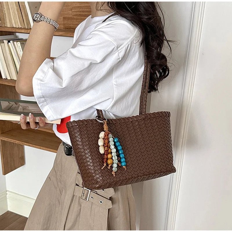 Emma Woven Tote Bag with Bead Pendant and Magnetic Closure