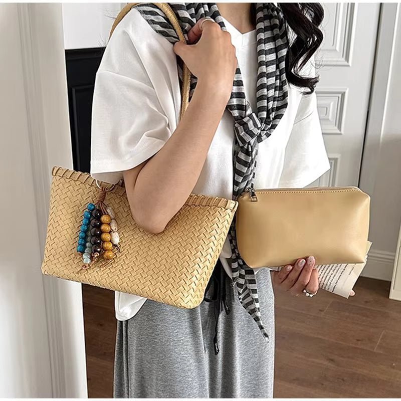 Emma Woven Tote Bag with Bead Pendant and Magnetic Closure – view 3