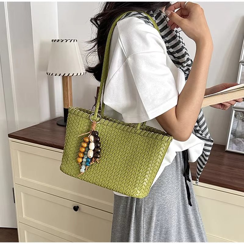 Emma Woven Tote Bag with Bead Pendant and Magnetic Closure