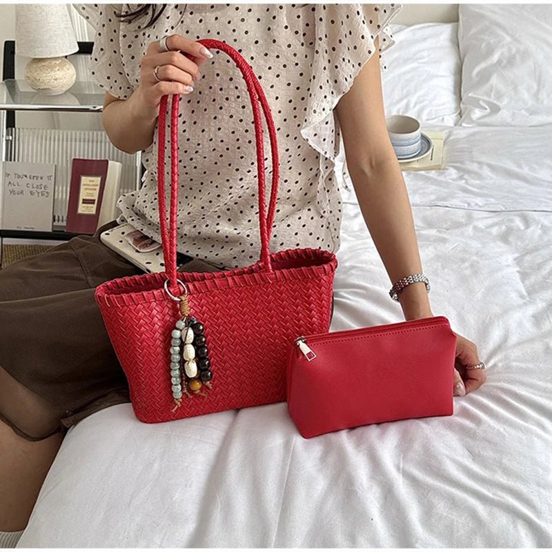Emma Woven Tote Bag with Bead Pendant and Magnetic Closure – view 5