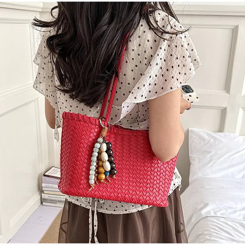 Emma Woven Tote Bag with Bead Pendant and Magnetic Closure
