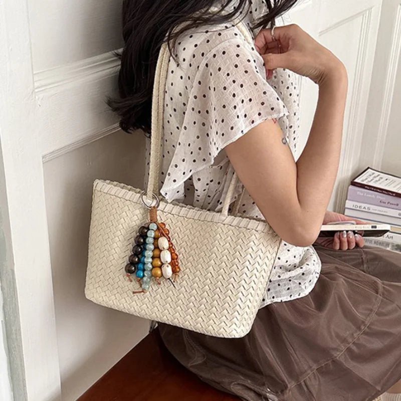 Emma Woven Tote Bag with Bead Pendant and Magnetic Closure