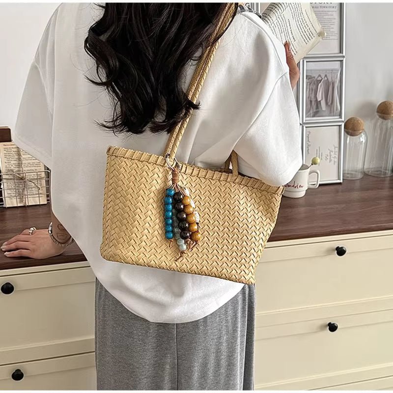 Emma Woven Tote Bag with Bead Pendant and Magnetic Closure