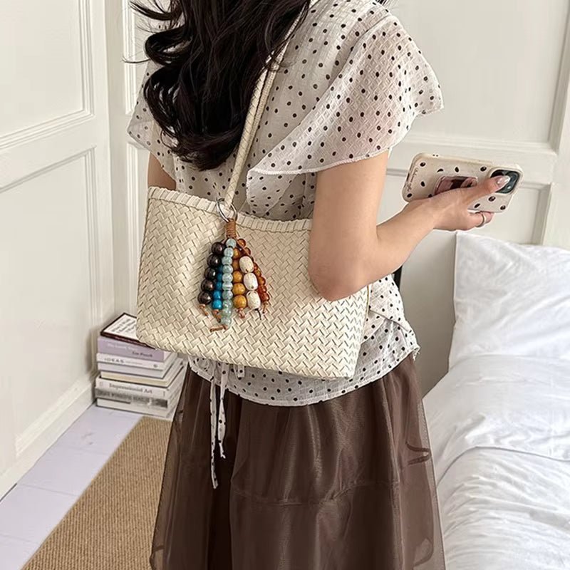 Emma Woven Tote Bag with Bead Pendant and Magnetic Closure – view 4