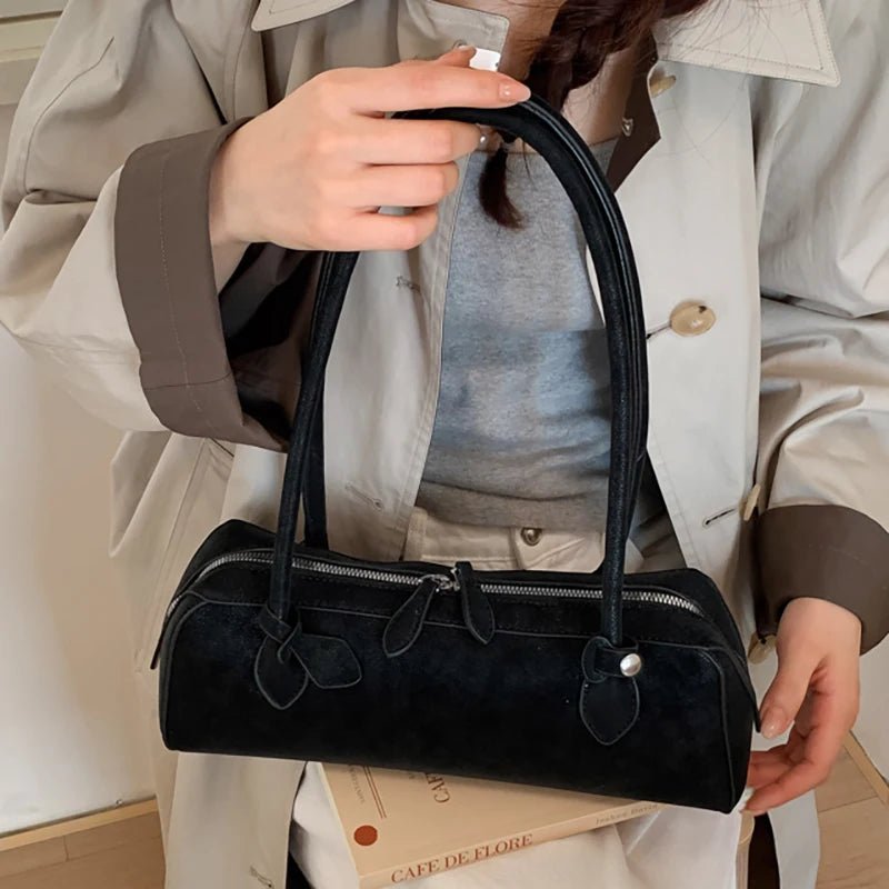 Adora Faux Suede Baguette Bag with Top Zip and Adjustable Strap