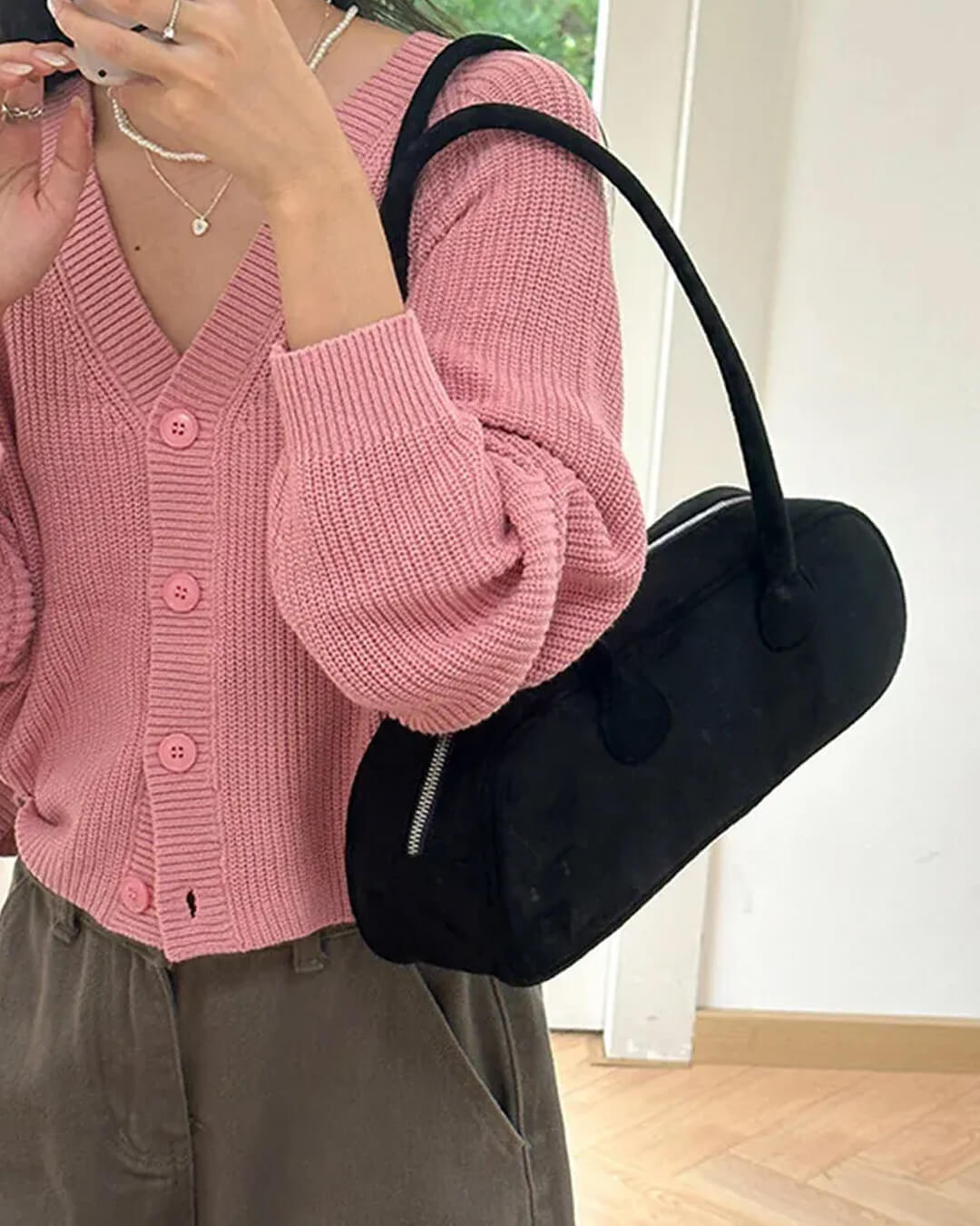 Aveline Vegan Suede One-Shoulder Bag with Soft Velvet Texture