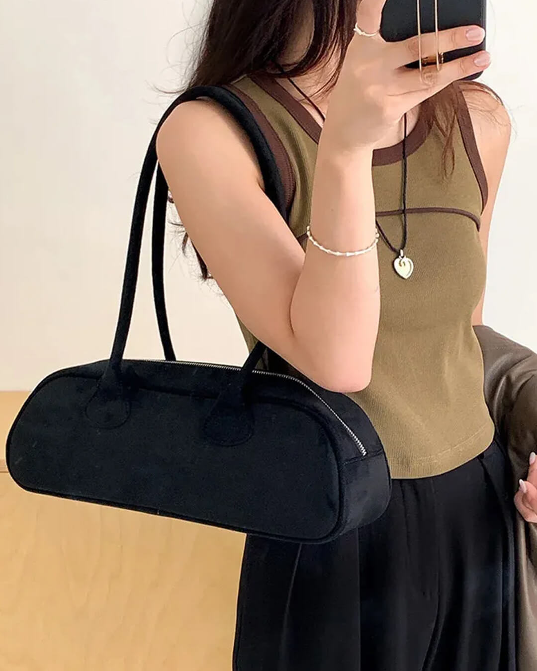 Aveline Vegan Suede One-Shoulder Bag with Soft Velvet Texture – Black – view 1