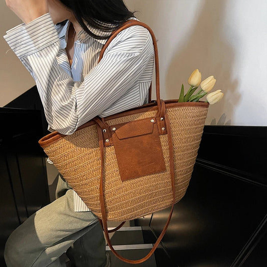 Beatrice Woven Straw Single-Shoulder Tote with Exterior Pocket