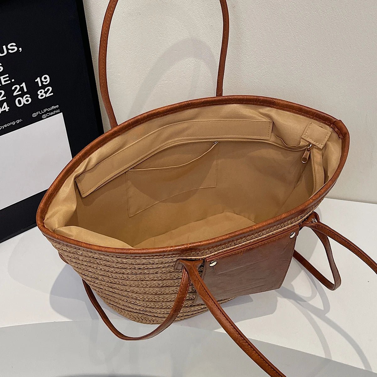Beatrice Woven Straw Single-Shoulder Tote with Exterior Pocket