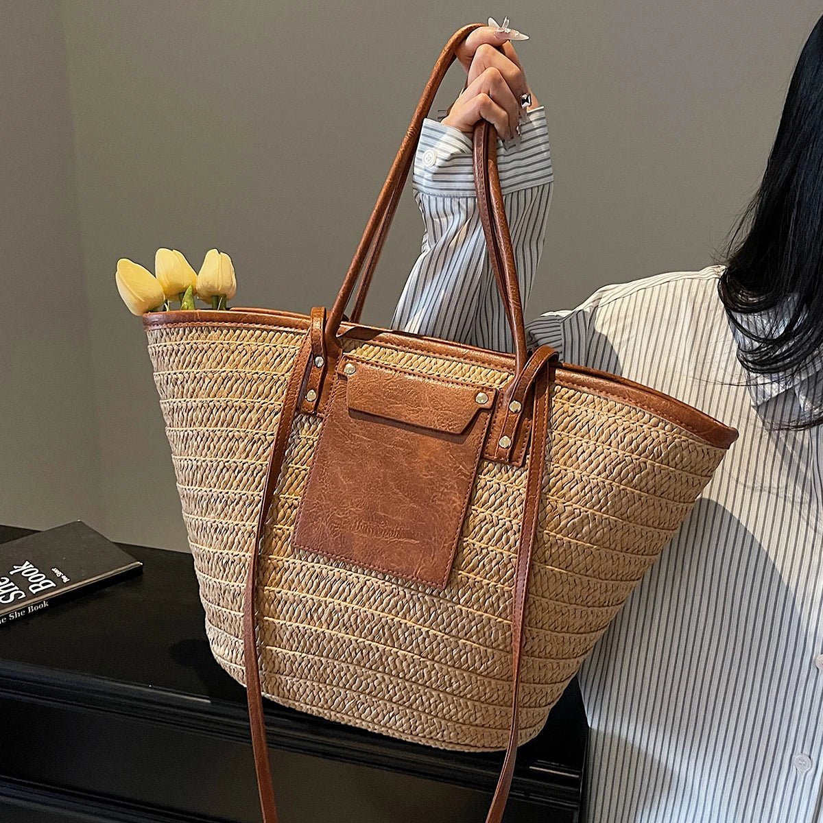 Beatrice Woven Straw Single-Shoulder Tote with Exterior Pocket – Brown – view 1
