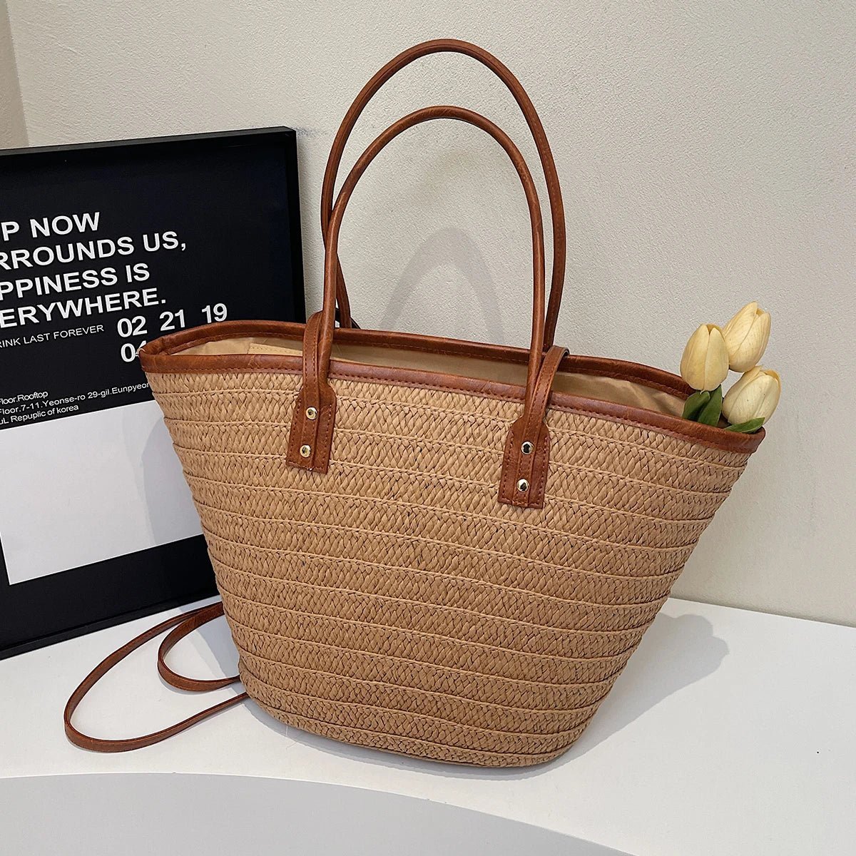 Beatrice Woven Straw Single-Shoulder Tote with Exterior Pocket – view 5