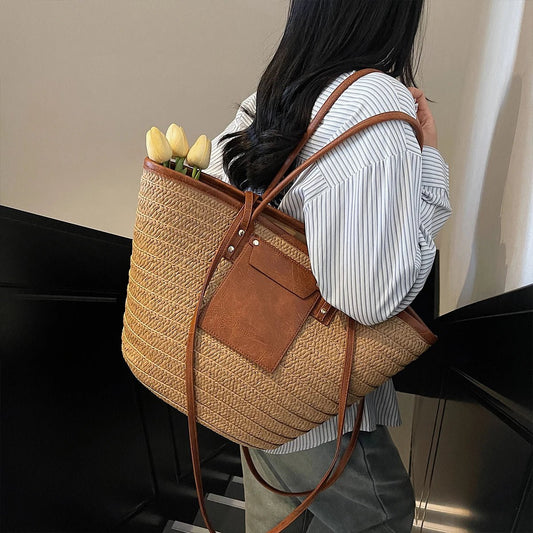 Beatrice Woven Straw Single-Shoulder Tote with Exterior Pocket