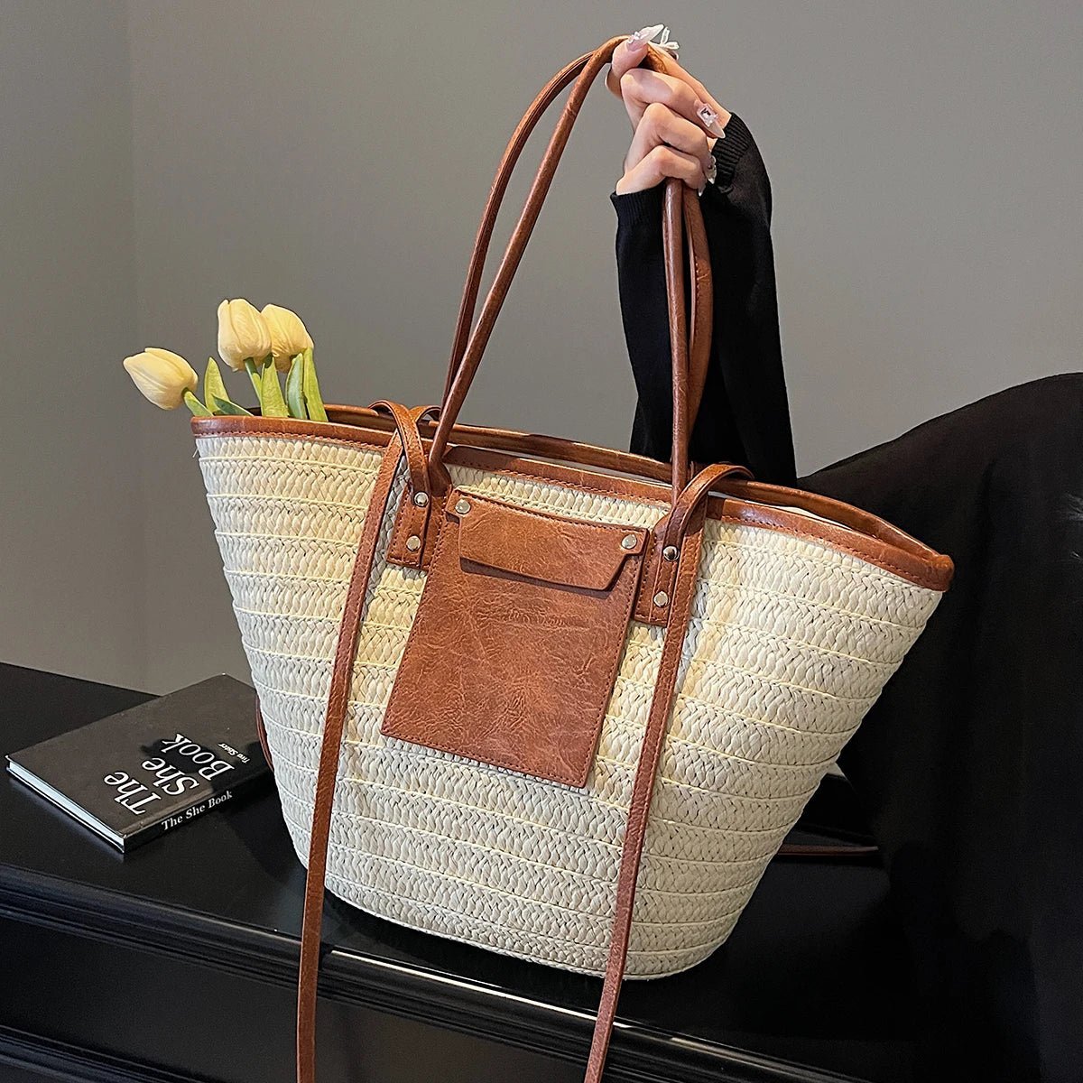 Beatrice Woven Straw Single-Shoulder Tote with Exterior Pocket