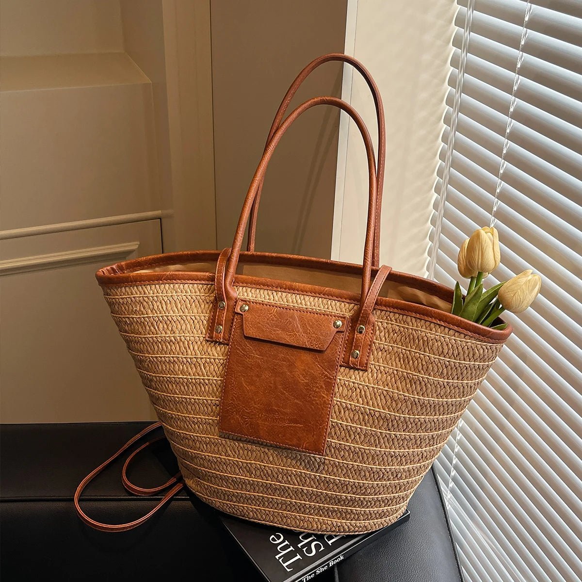 Beatrice Woven Straw Single-Shoulder Tote with Exterior Pocket