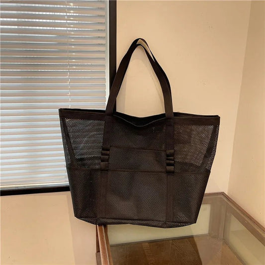 Layla Large Canvas Beach Tote Bag with Mesh Panels