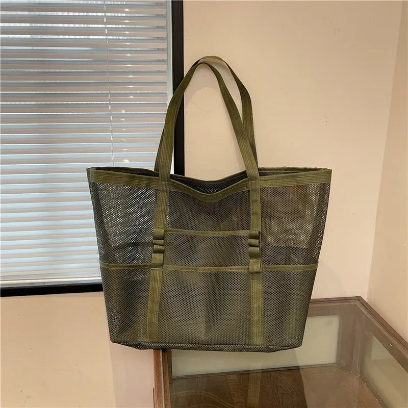 Layla Large Canvas Beach Tote Bag with Mesh Panels – Armygreen – view 1