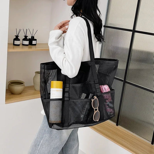 Layla Large Canvas Beach Tote Bag with Mesh Panels