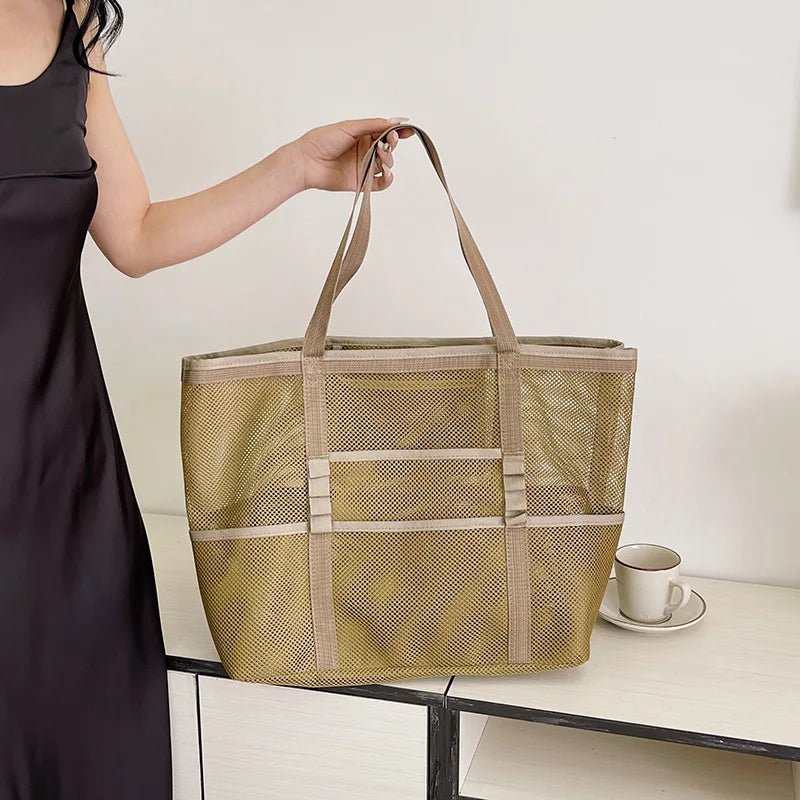 Layla Large Canvas Beach Tote Bag with Mesh Panels – view 6