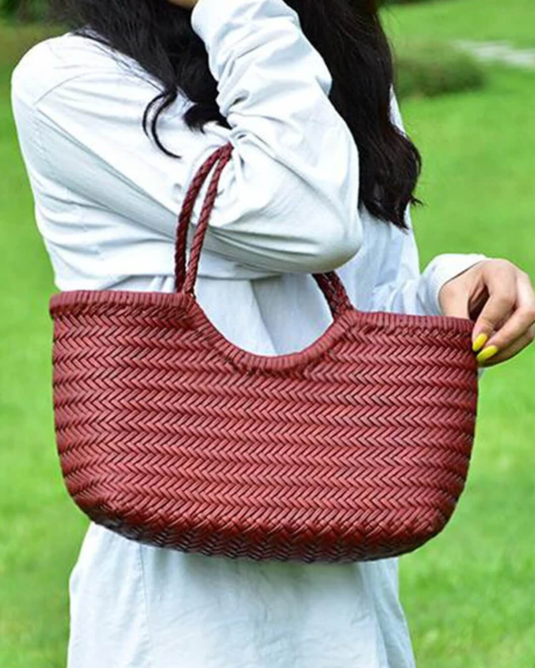 Bianca Handwoven Vegan Leather Tote Bag with Shoulder Straps – view 7