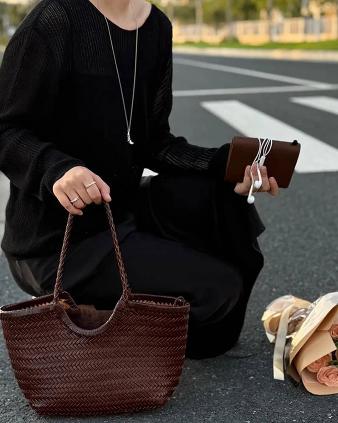 Bianca Handwoven Vegan Leather Tote Bag with Shoulder Straps – Coffee – view 1