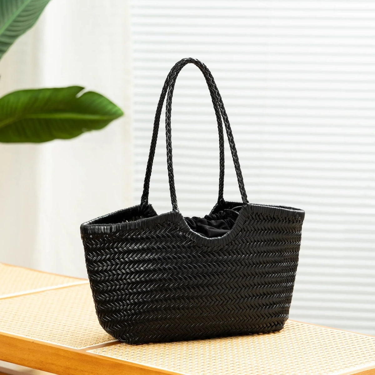 Bianca Handwoven Vegan Leather Tote Bag with Shoulder Straps – view 12