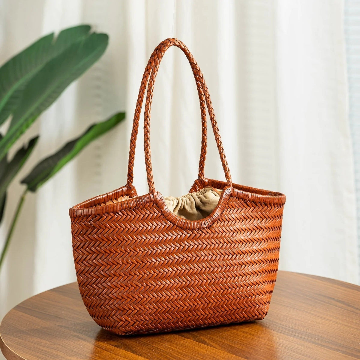 Bianca Handwoven Vegan Leather Tote Bag with Shoulder Straps – view 11
