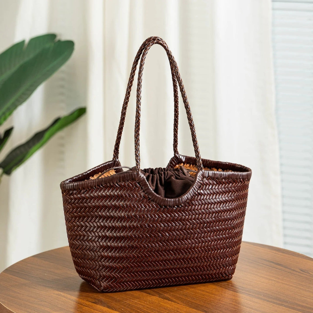Bianca Handwoven Vegan Leather Tote Bag with Shoulder Straps – view 9