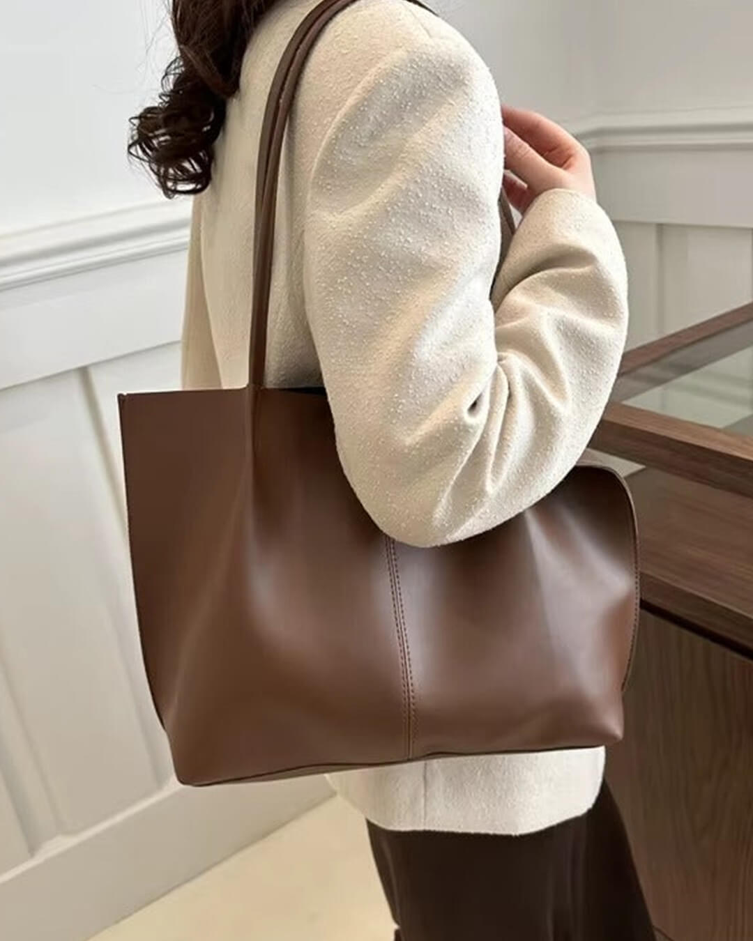 Calista Retro Soft Faux Leather Open Top Tote Bag