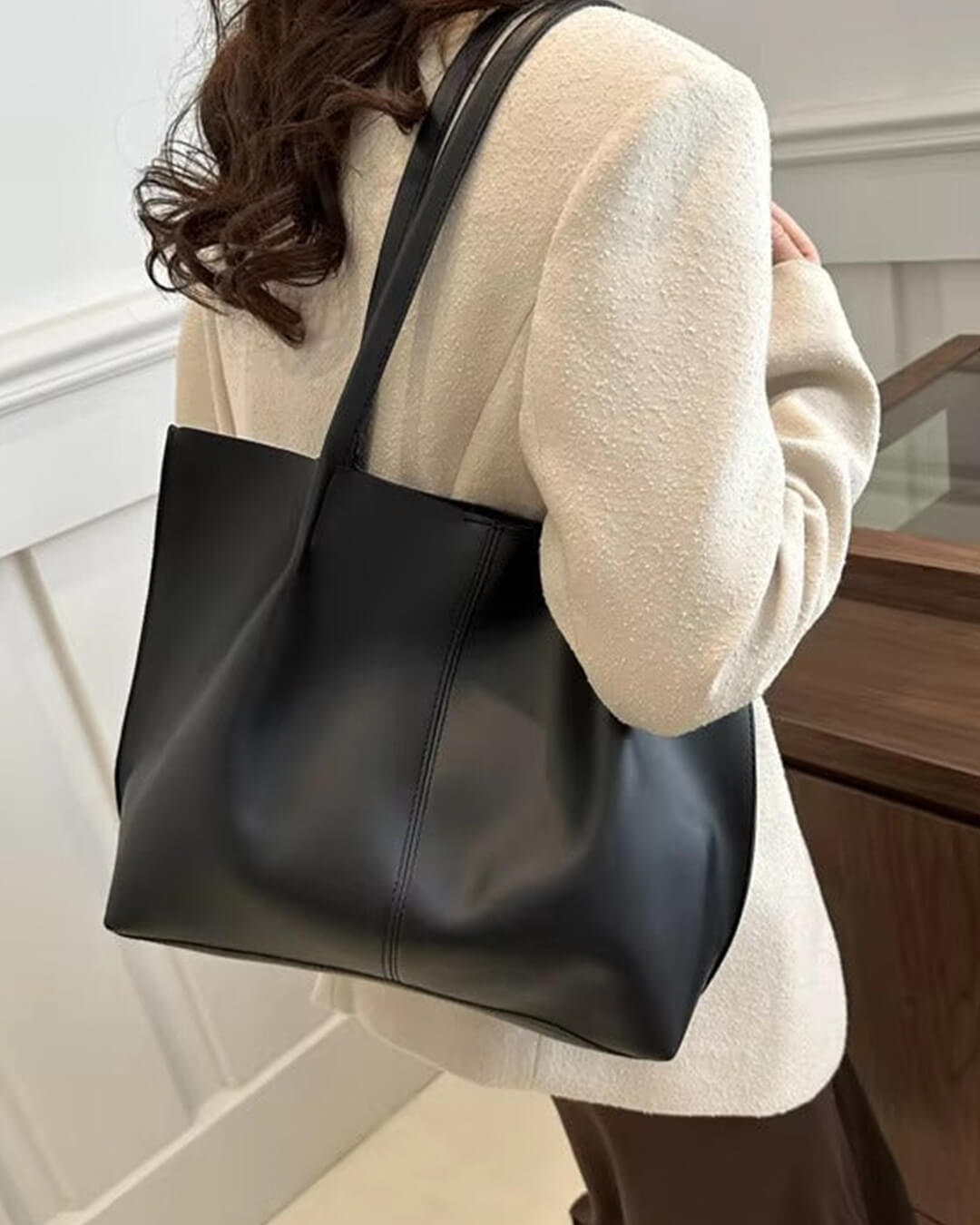Calista Retro Soft Faux Leather Open Top Tote Bag – Black – view 1
