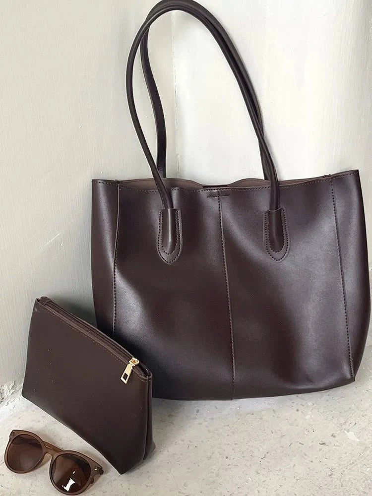 Cindy Structured PU Leather Tote Bag with Zip Closure – Dark Brown – view 1