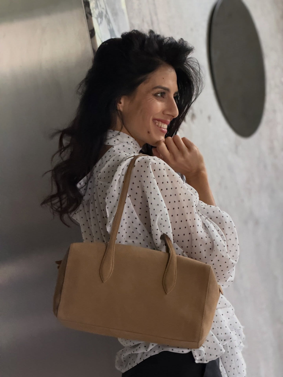 Elena Vegan Leather Bowling Shoulder Bag with Faux Suede Lining