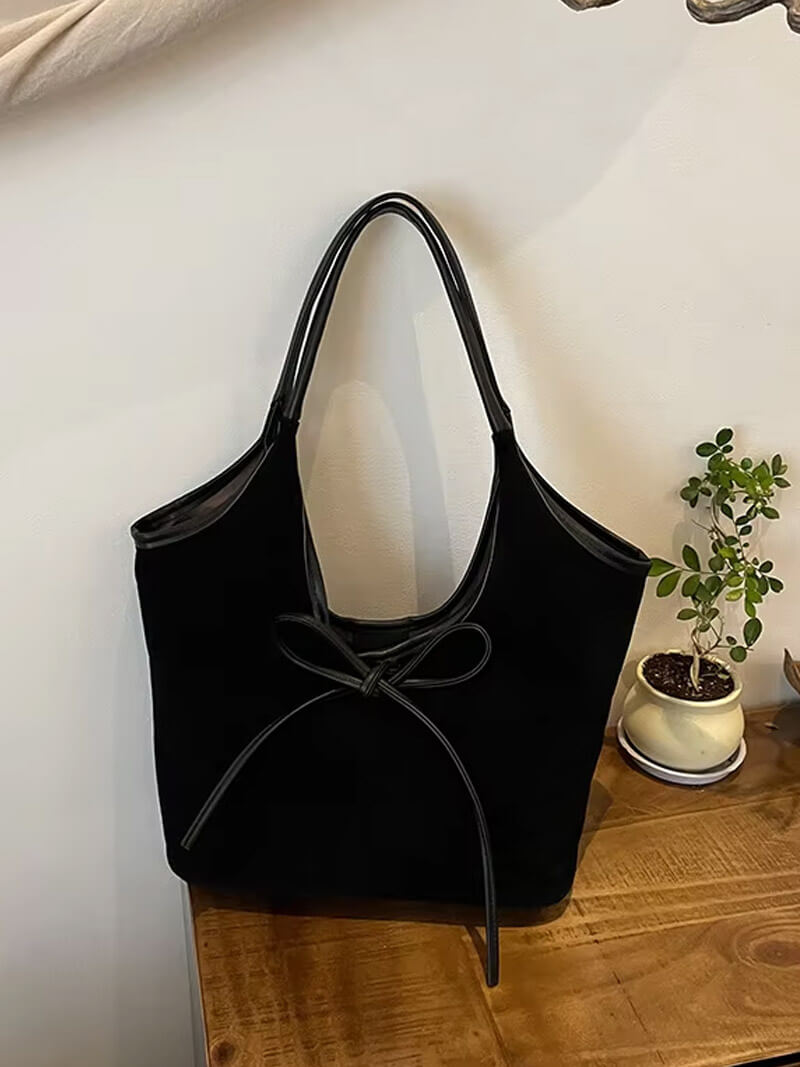 Florence Faux Suede Hobo Shoulder Bag with Bow Detail – Black – view 1