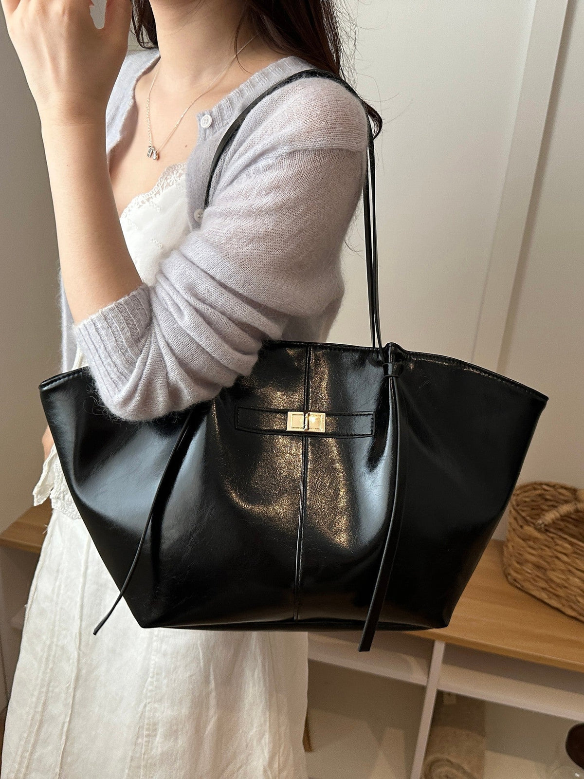 Gerda Winged Vegan Leather Shopper Tote with Turn-Lock